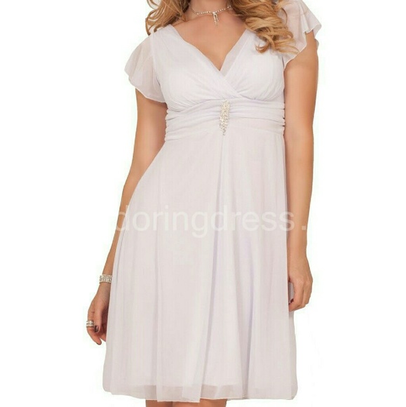 Short Sleeve V-neck White Chiffon Wedding dress