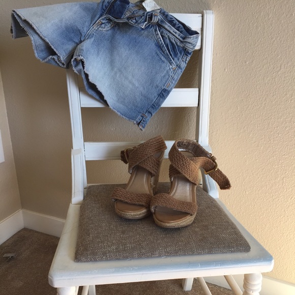 Tan ankle-wrap wedges