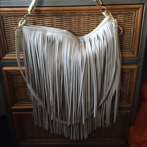 White leather fringe purse