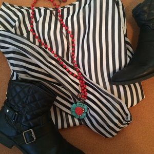 Black and White Striped Bow Back Top