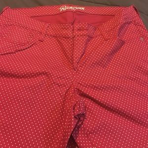 Red jeans with khaki polka dots