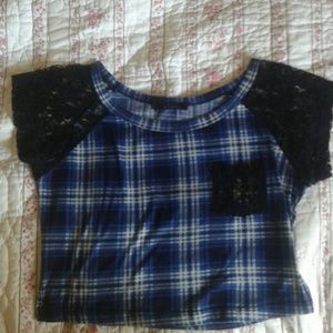 Blue and white plaid crop top with lace sleeves