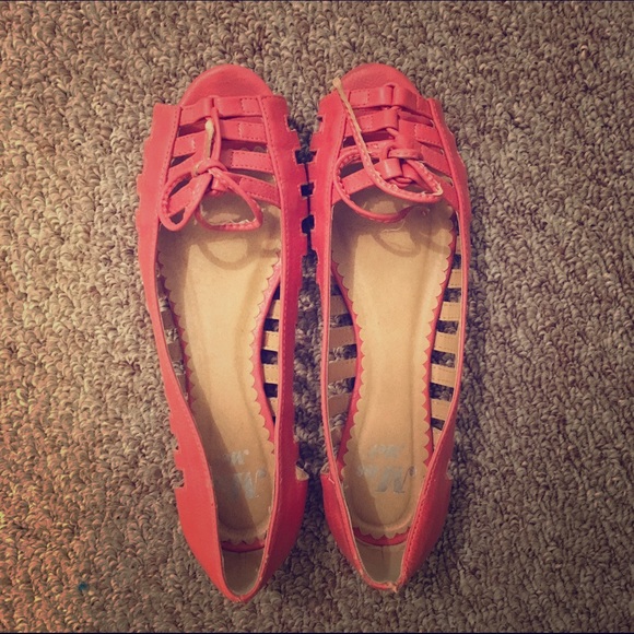 Coral peep toe flats