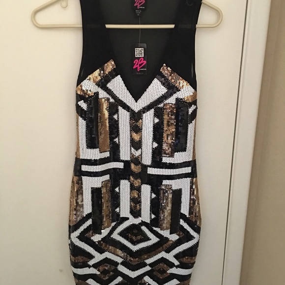 Brand New BeBe Black Gold and White Sequin Bodycon