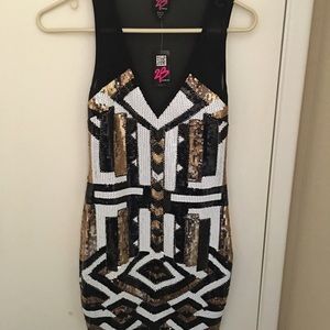 Brand New BeBe Black Gold and White Sequin Bodycon