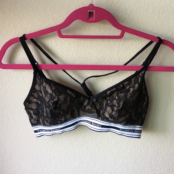NWOT [Victoria's Secret] Black Nude Lace Bralette Keyhole Logo Band SMALL