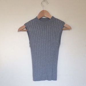 Gray sleeveless mock neck ribbed sweater