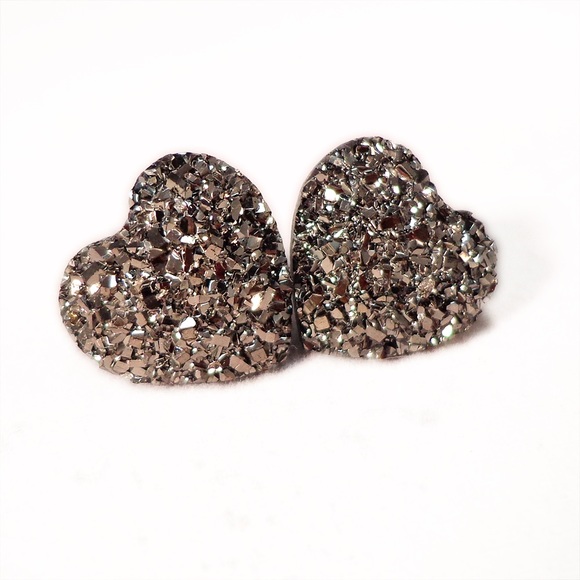 Gunmetal Gray Faux Druzy Heart Earrings - Picture 2 of 4