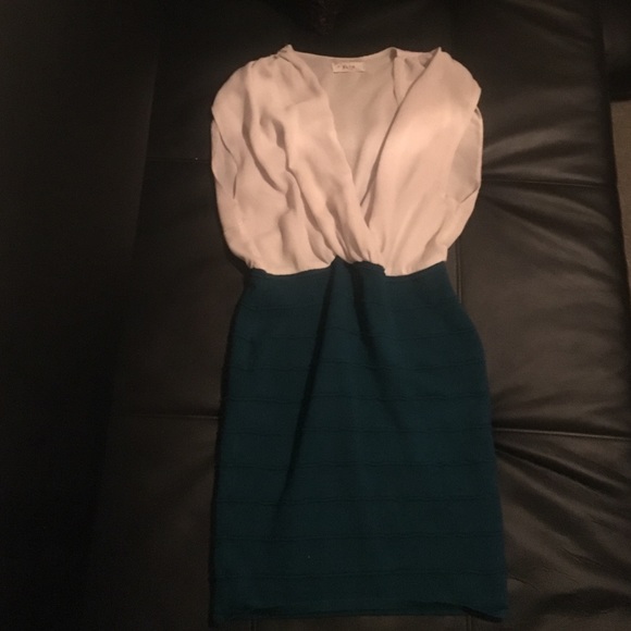 White and teal fitted dress