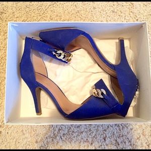 Blue suede heels with gold ankle strap