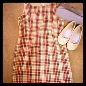 Red, tan and blue plaid dress