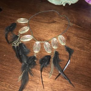 Iridescent stone/feather necklace