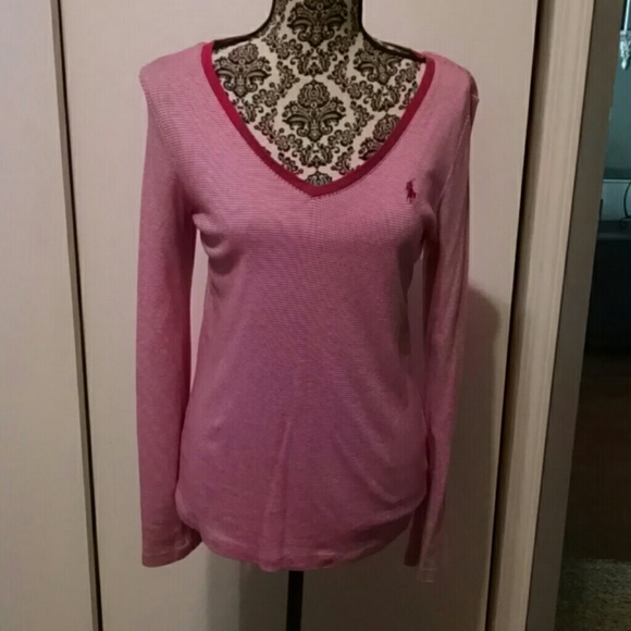 L/S Polo pink striped shirt. Size Lg