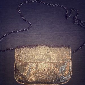 J Crew Gold Glitter Clutch with Crossbody Strap