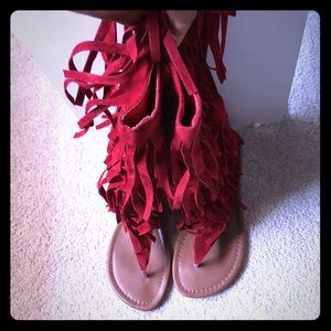 Red fringe gladiator thong sandals