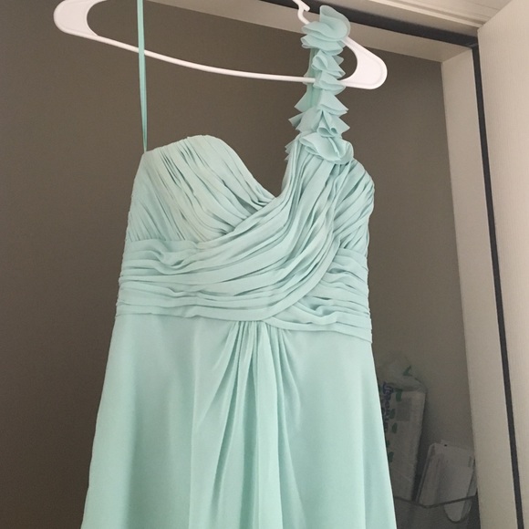Long aqua colored bridesmaid dress
