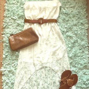 Women's White Lace Strapless High Low Dress