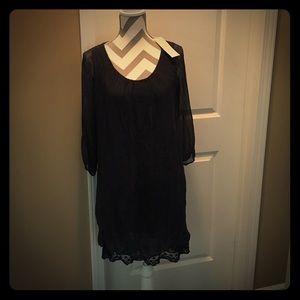 Silk Navy Dress with Lace trim - Size M