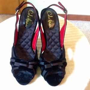 Cole Haan black Velvet/Red leather 4in slingbacks
