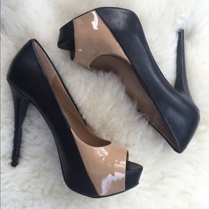BCBG black and nude peep toe heels