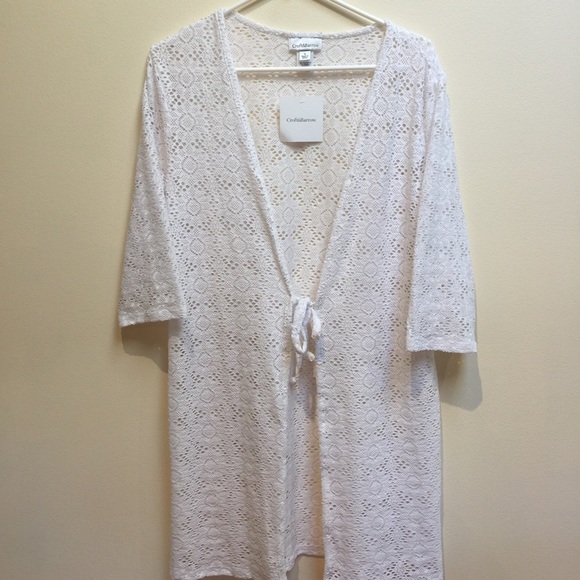 White lace wrap cardigan swim cover up with tie