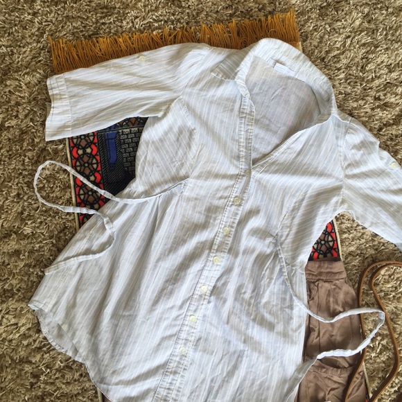 • Business Casual Baby Blue Stripe Blouse • - Picture 2 of 4