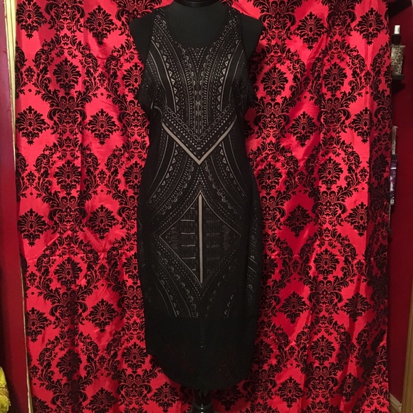Black & Nude Geometric Laser Cut Overlay Dress