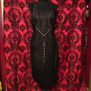 Black & Nude Geometric Laser Cut Overlay Dress