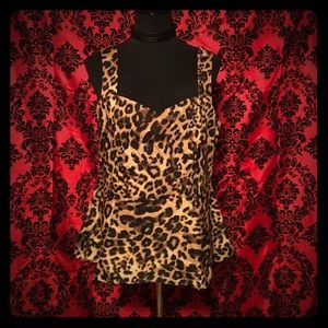 Leopard Print Sateen Peplum Top with Back Keyhole
