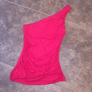 Red one shoulder ruched tank with slit at top