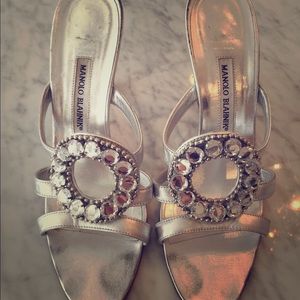Manolo Blahnik Silver Jeweled High Heel Sandals