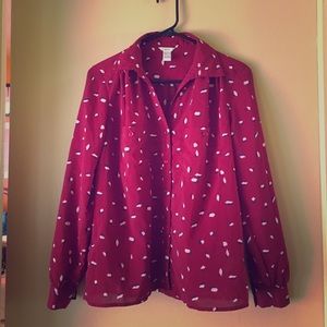 Red dress shirt with navy, black and white pattern