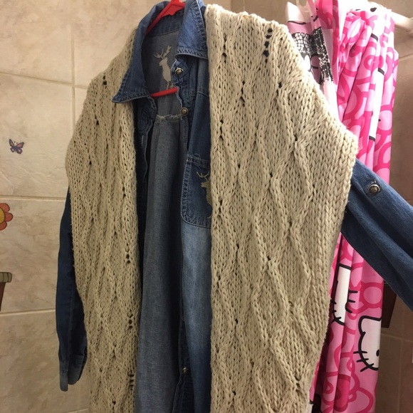 Denim shirt with creamy sweater vest