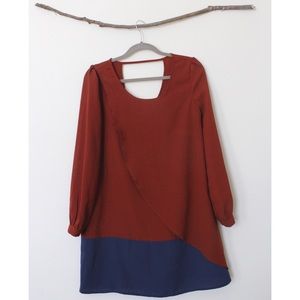 Burnt orange and navy long sleeve ruffle dress
