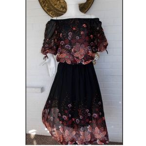 1970's Sheer Off the Shoulder Floral Boho Dress