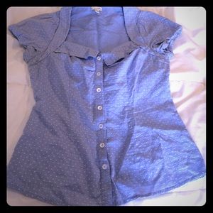Anthropologie blue and white polka dot blouse