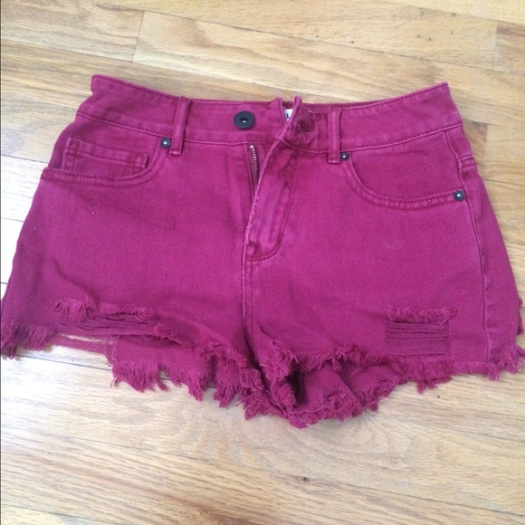 MAROON RED JEAN SHORT SHORTS - Picture 1 of 3