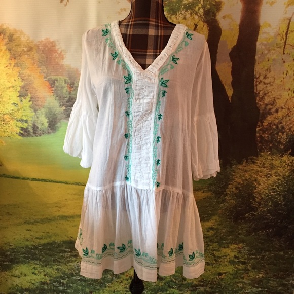 Peppermint Bay Tops - NWT Embroidered Aqua & Teal Beach Top 3/4 Sleeve L