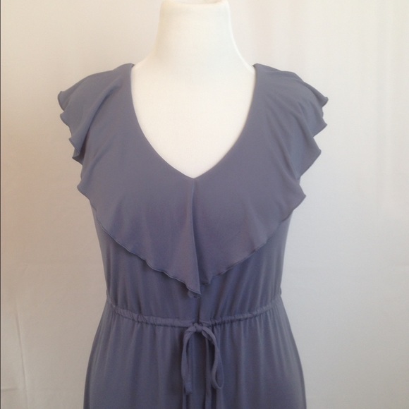 Prett gray blue dress with ruffled collar.