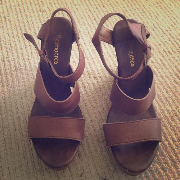 Restricted leather and wood wedges.  Worn 3 times