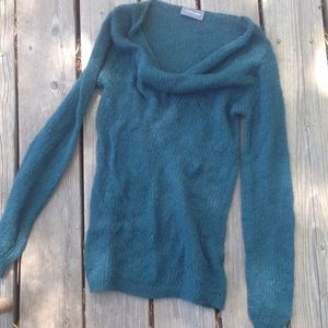 Teal cashmere cowl neck long sleeve knit sweater