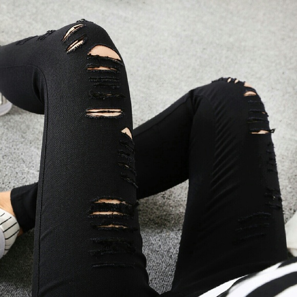 Pants - Super stretch distressed black skinnies