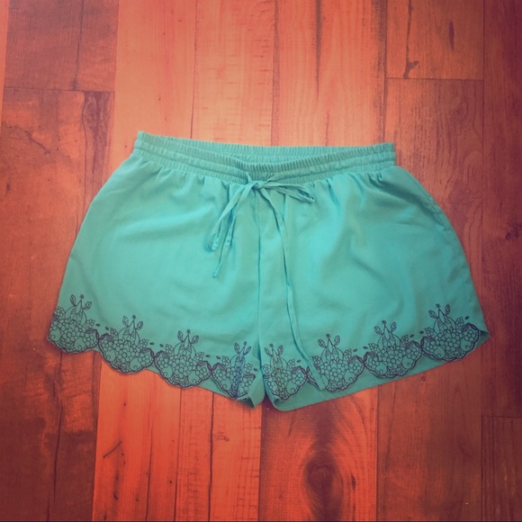 Teal Embroidered Shorts