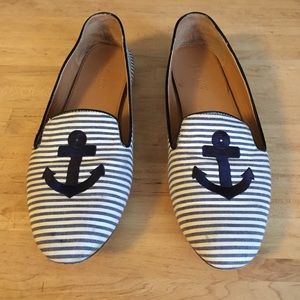 J Crew nautical navy & white loafers with anchor