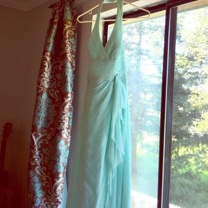 Mint Glam halter floor length dress.