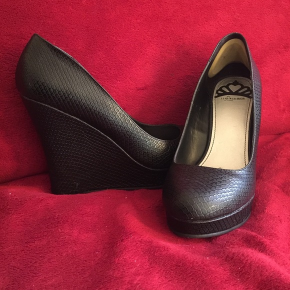 Fergalicious black snake skin wedge pumps