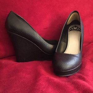 Fergalicious black snake skin wedge pumps