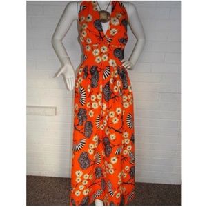 Vintage 1960s Orange Asian Print Halter Maxi Dress