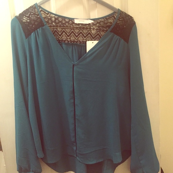 Teal Blouse with black lace detailing