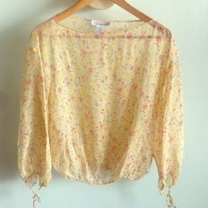 Sheer Silk Pale Yellow Floral French Peasant Top